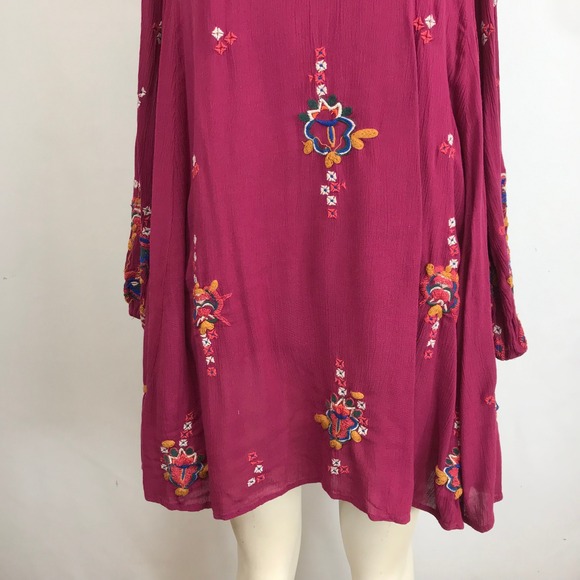 Free People Embroidered V Neck Long Sleeve Mini Dress Berry Size L - Picture 3 of 8
